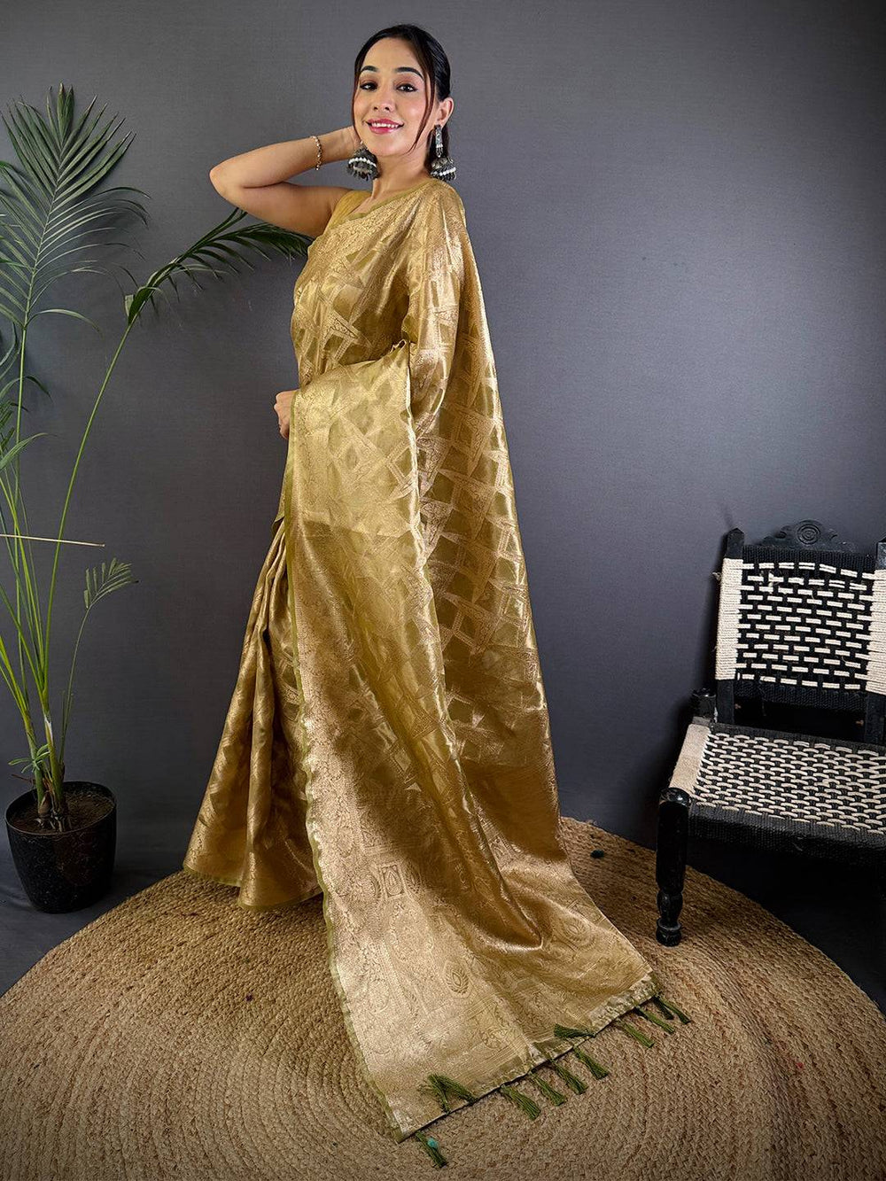 Olive Tissue Jarokha Zari Weaving Saree