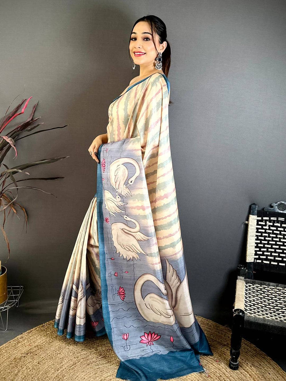 Radiant Soft Tussar Swan Print Saree