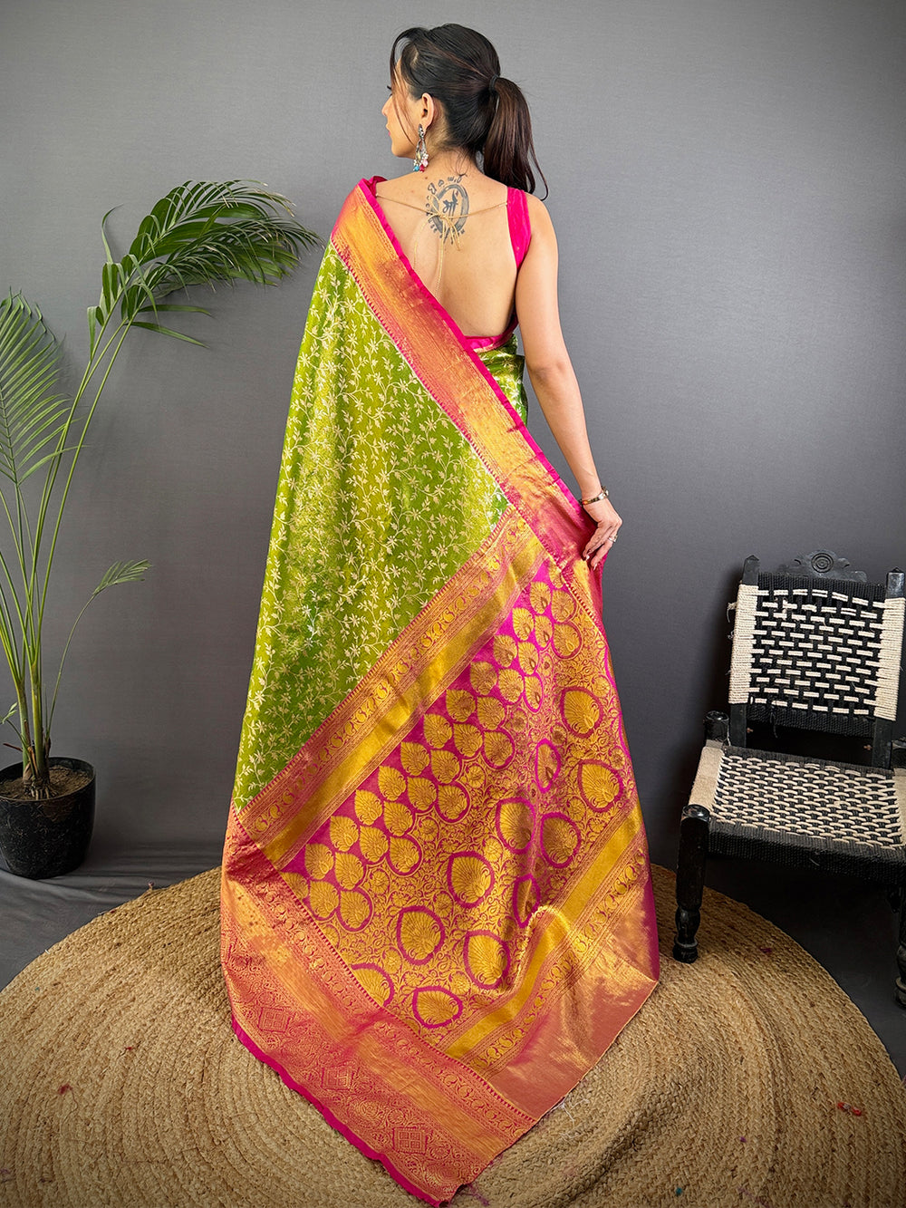 Lime Green Dharmavaram Silk Saree