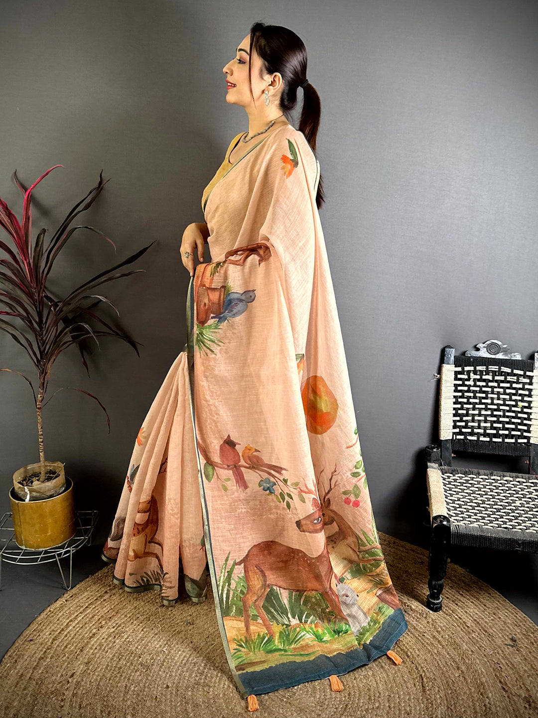 Peach Animal Print Linen Chanderi Saree