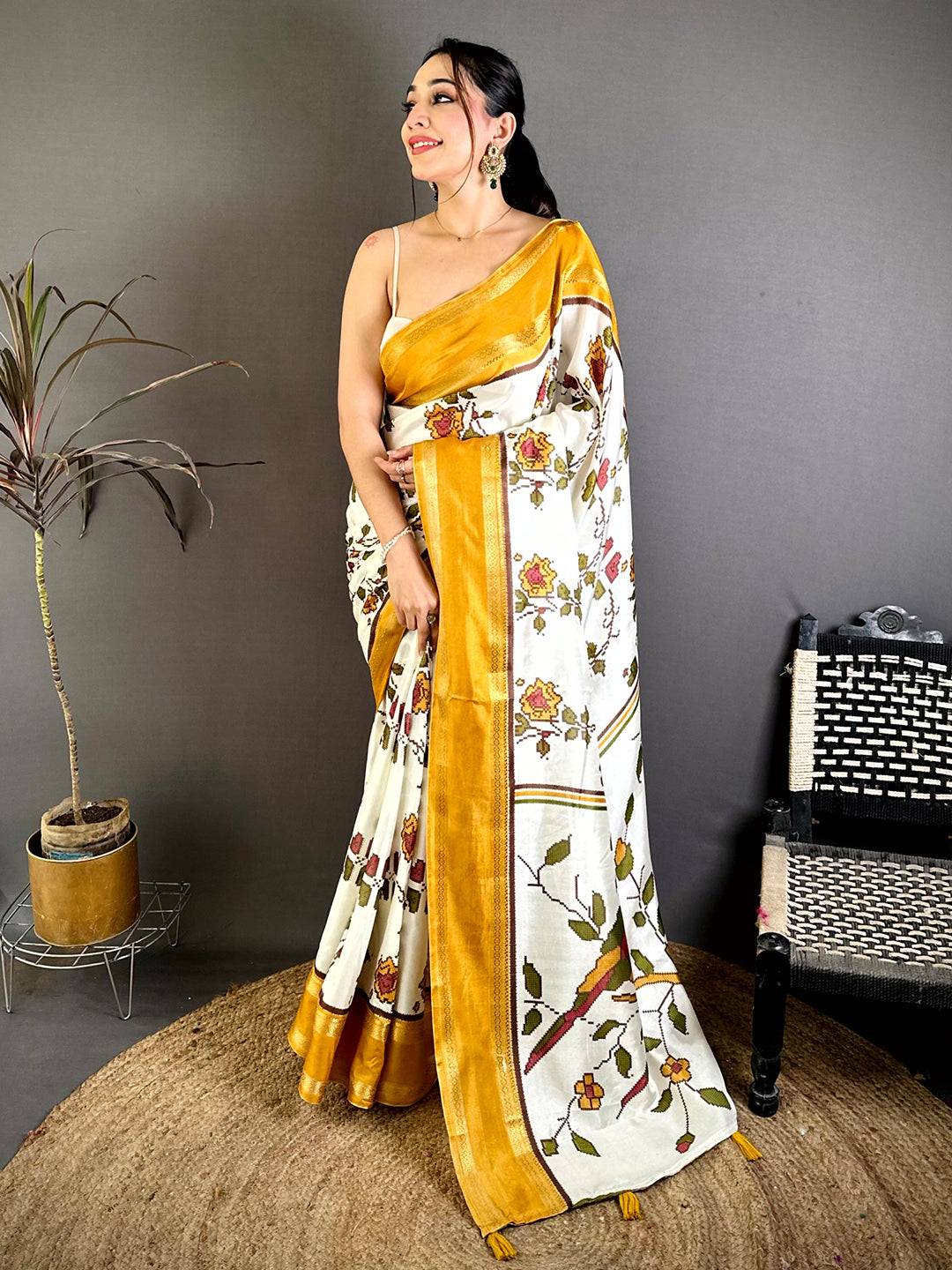 Mustard Soft Dola Floral Print Gadwal Border Saree