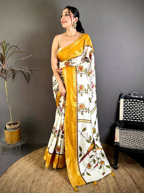 Mustard Soft Dola Floral Print Gadwal Border Saree