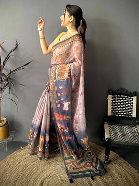 Tradition Pen Kalamkari Digital Linen Saree


