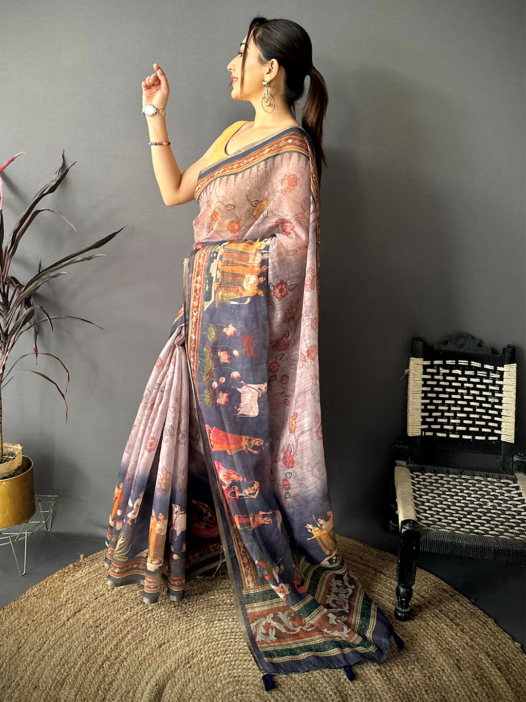 Tradition Pen Kalamkari Digital Linen Saree


