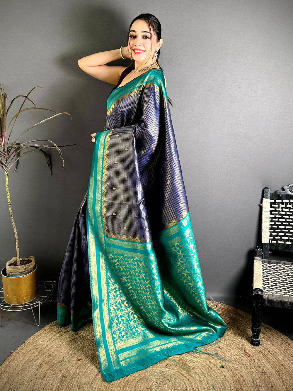 Navy Banarasi Katan Silk Gadwal Zari Saree