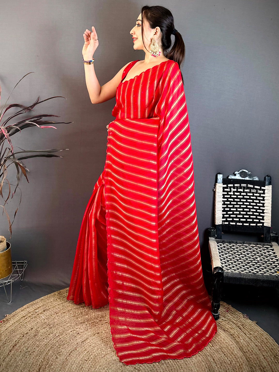 Red Gold Zari Stripe Chiffon Saree