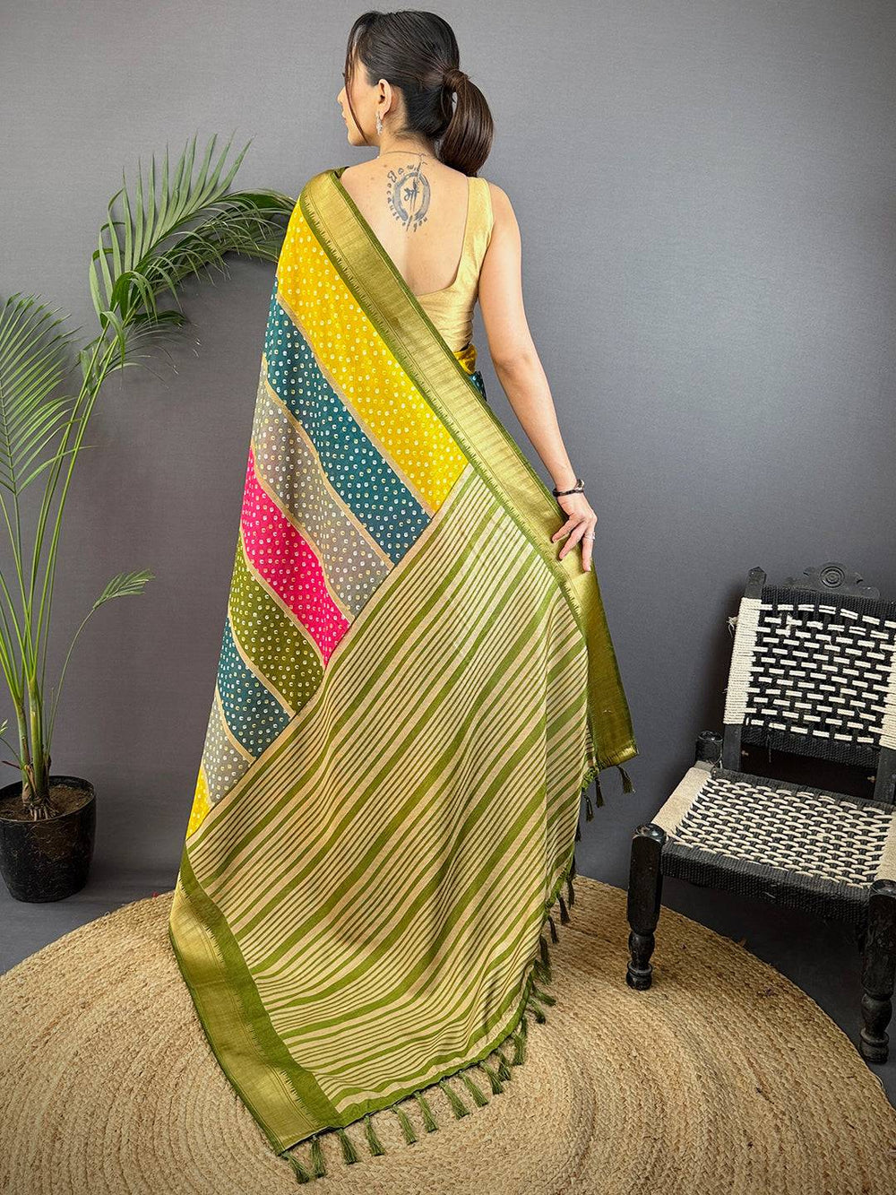 Olive Soft Dola Bandhej Print Saree