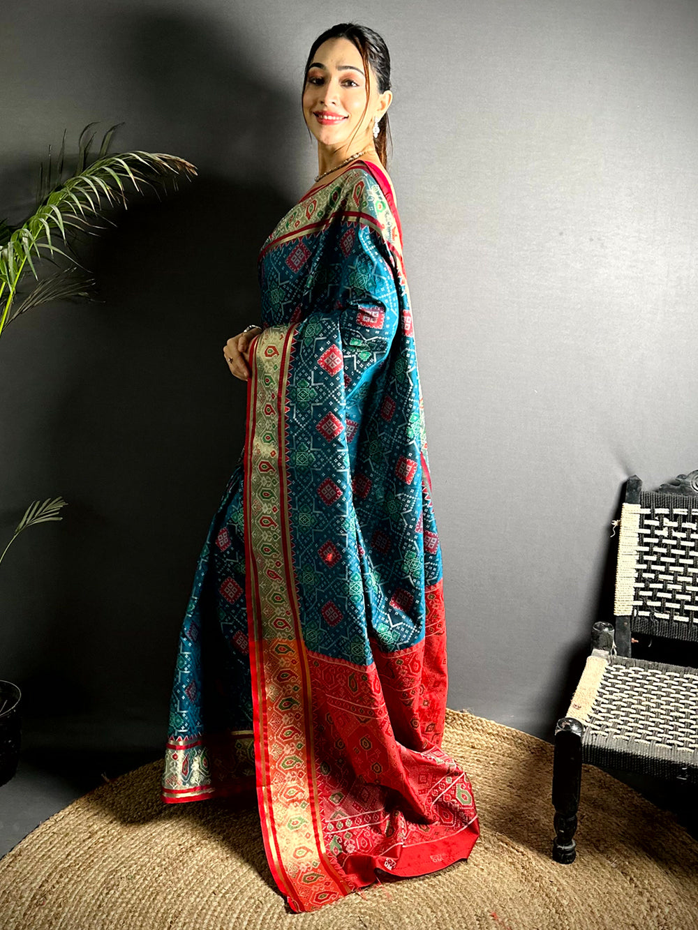 Denim Blue Soft Silk Saree With Patola Weaving