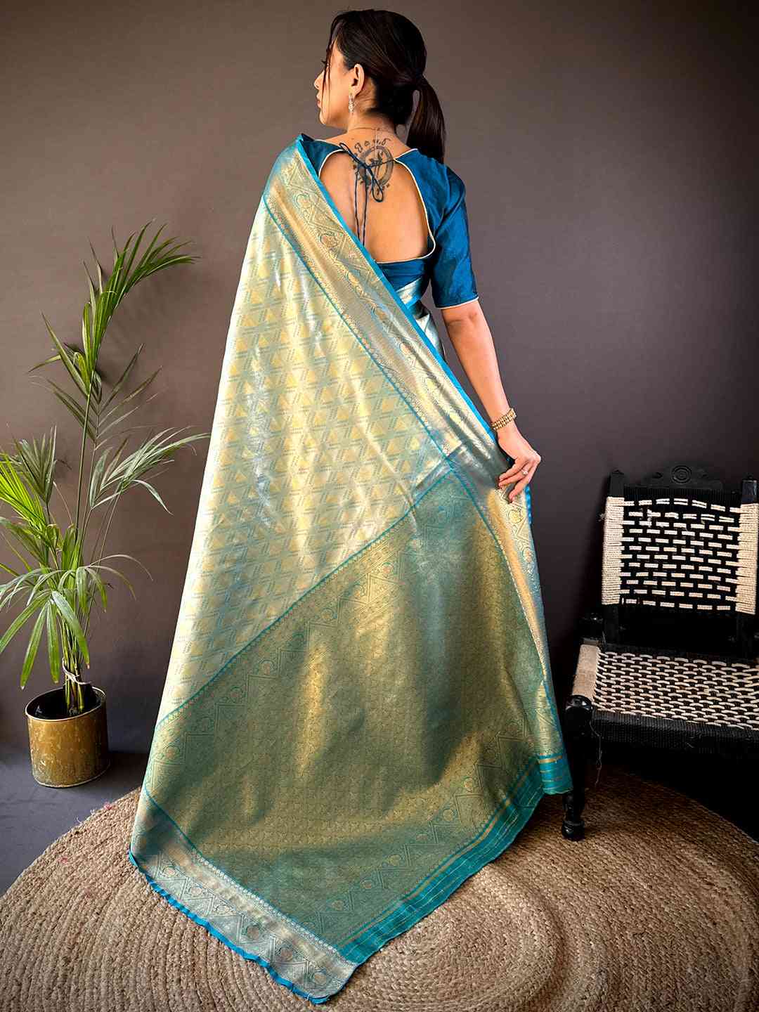 Rama Golden Geometrics With Floral Elegance Saree
