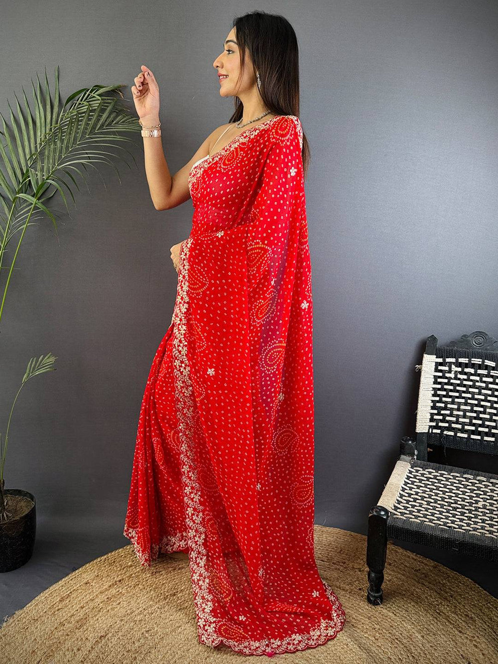 Red Soft Georgette Bandhej Print Saree