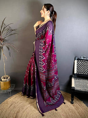 Wine Mul Cotton Ikkat Rudraksha Border Saree