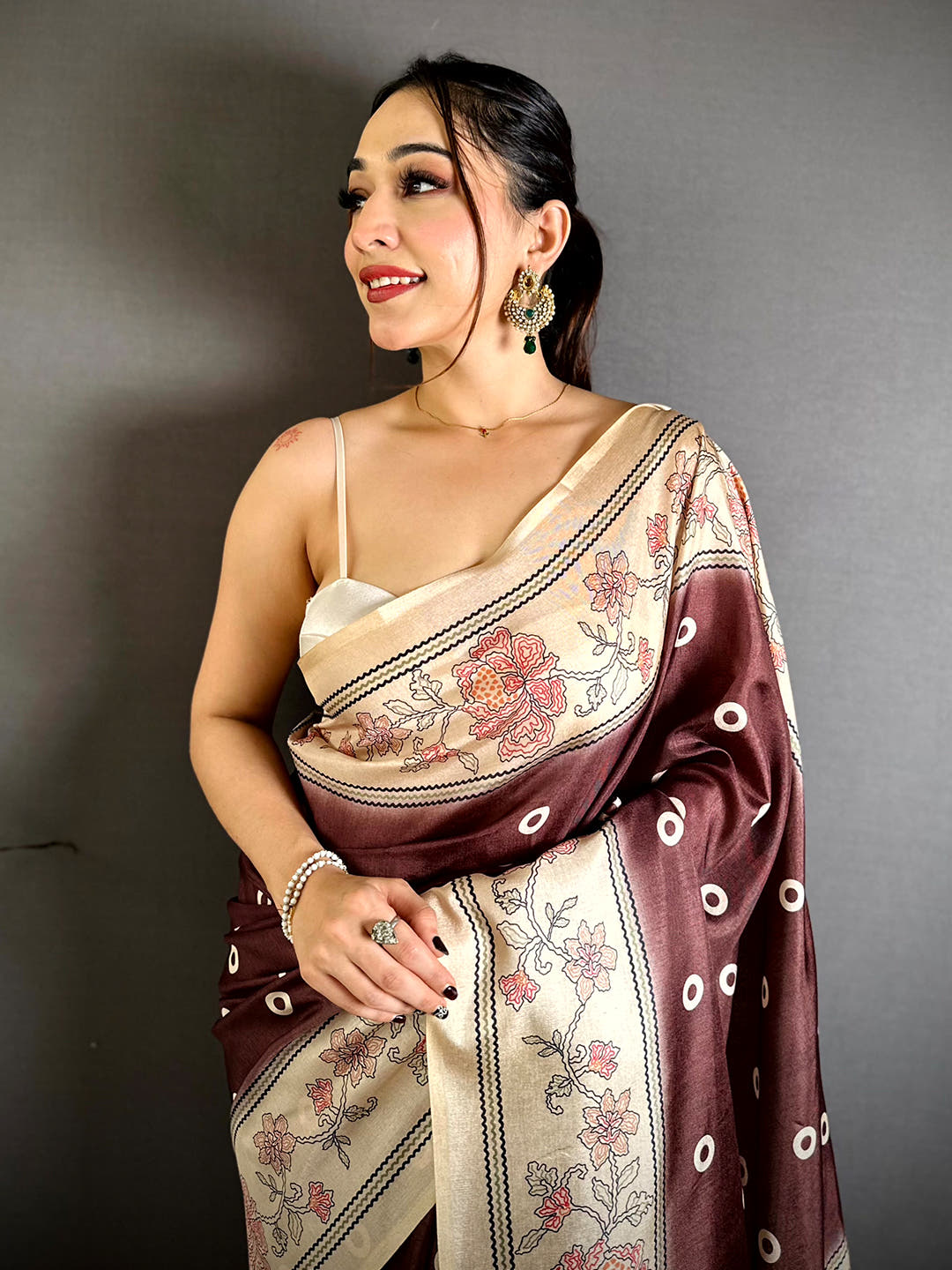 Stylish Tussar Polka Dot Floral Print Saree