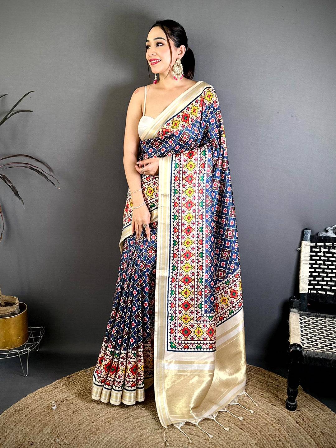 Navy Ethnic Digital Ikkat Kanchi Saree