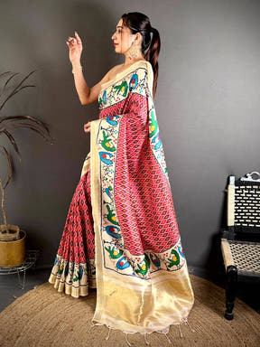Pink Soft Kanchi Silk Ikkat Patola Saree