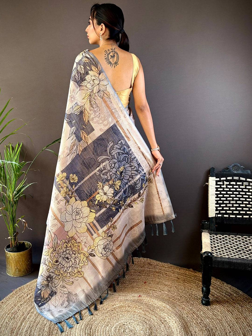 Stone Blue Tussar Floral Saree