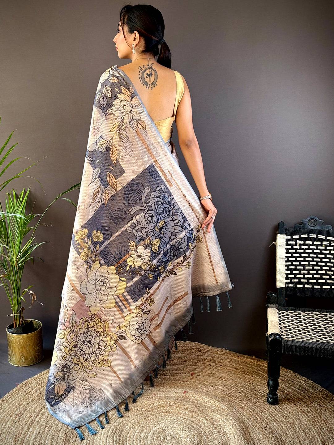 Stone Blue Tussar Floral Saree