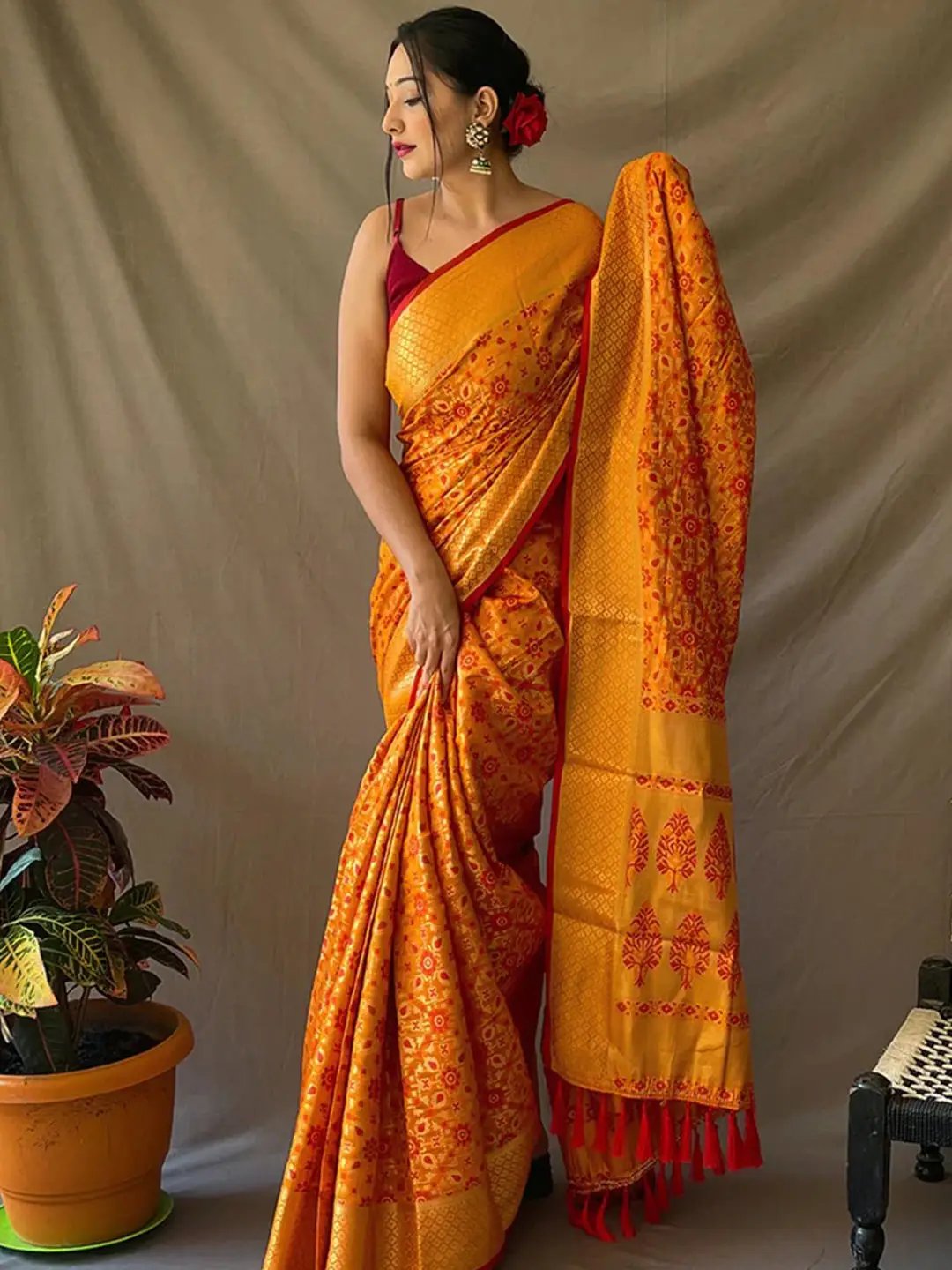 Mustard Yellow Rajkoti Patola Silk Saree with Zari Weave