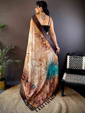 French Beige Soft Silk Abstract Geometric Saree