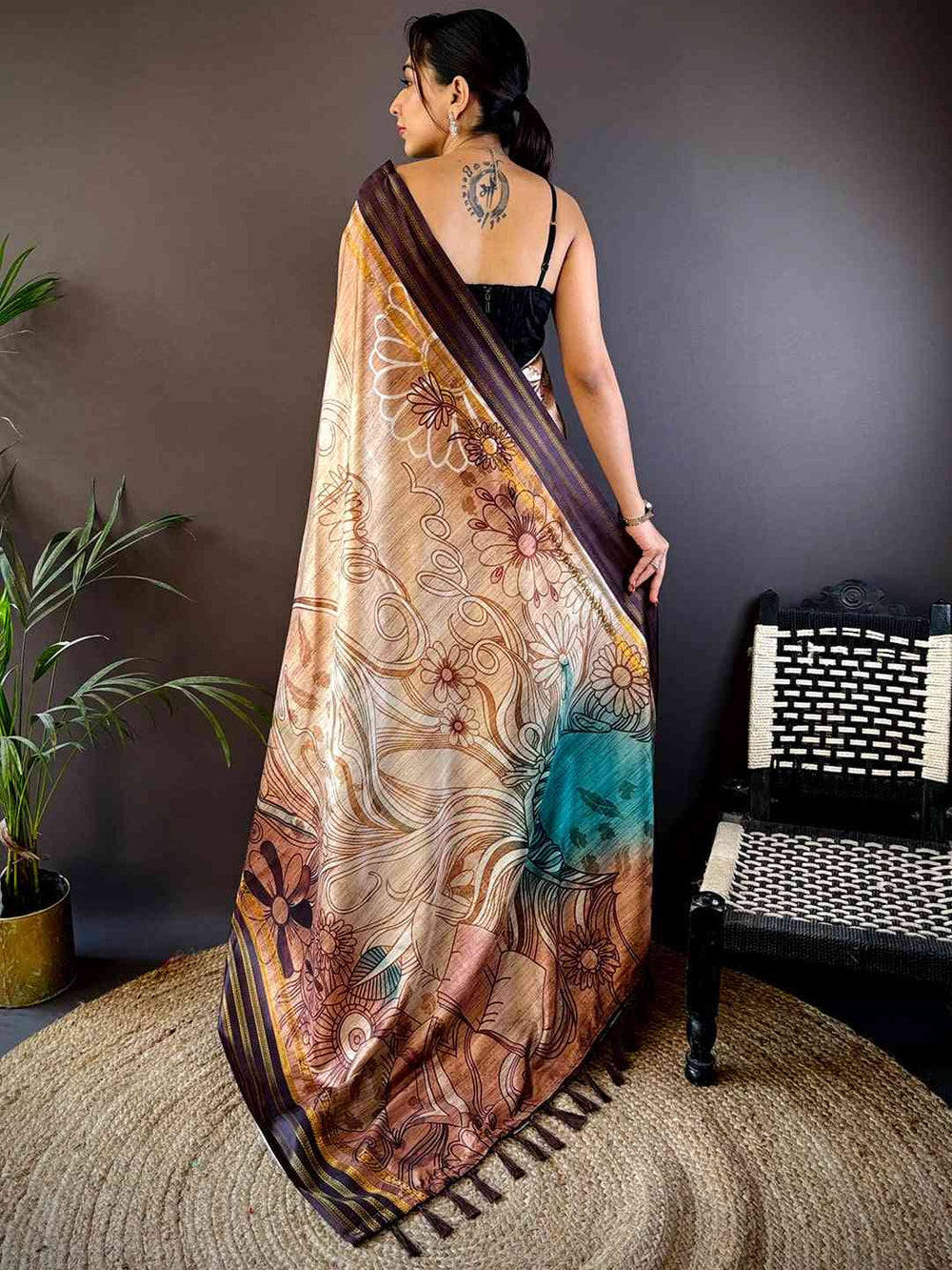 French Beige Soft Silk Abstract Geometric Saree