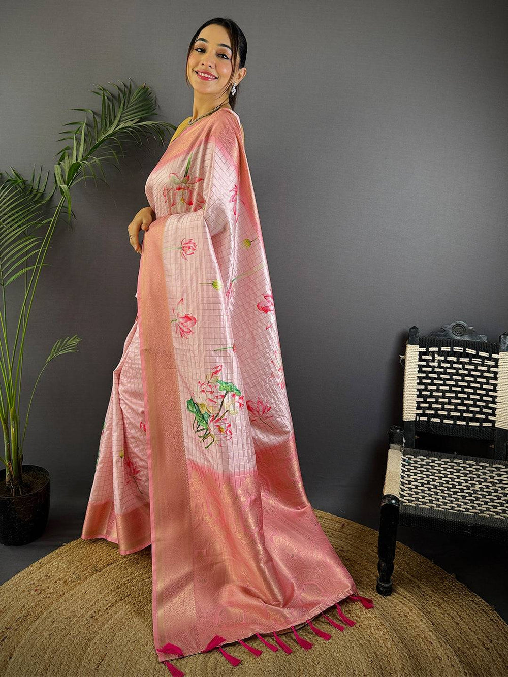 Rose Pink Banarasi Silk Digital Printed Saree