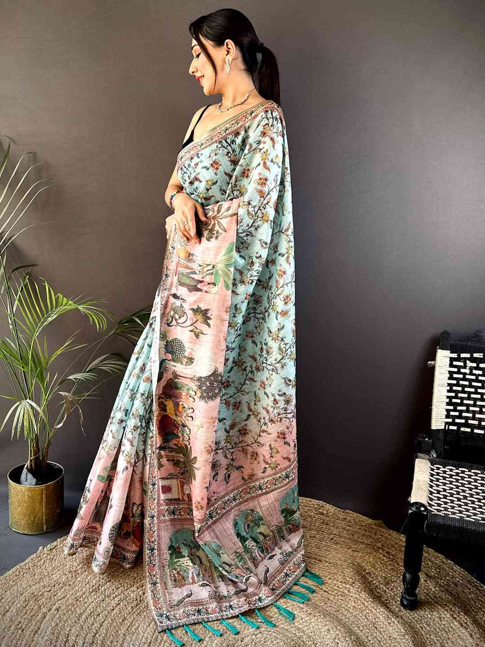 Light Blue Tussar Pashmina Kalamkari Saree