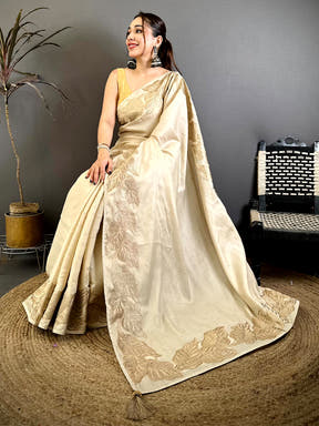 White Soft Cherry Satin Zari Embroidery Saree