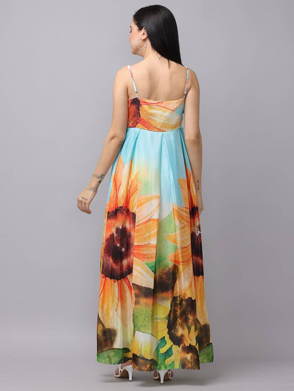 Back view of multi-color floral print long dress