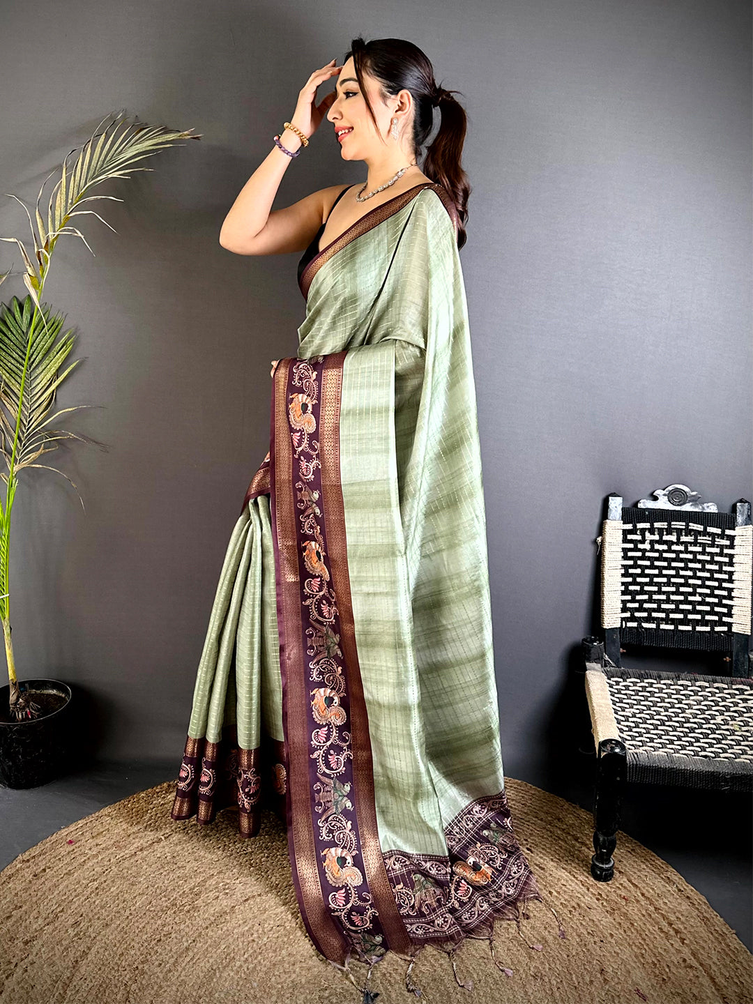 Sage Green Shibori Print Semi Silk Saree