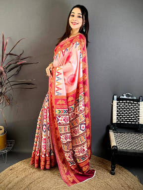 Pink Tanjore Ikkar Digital Tussar Saree
