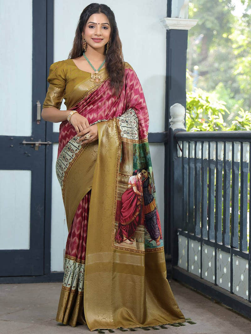 Magenta Viscose Dola Silk Saree With Kalamkari And Mughal Print - Luxe