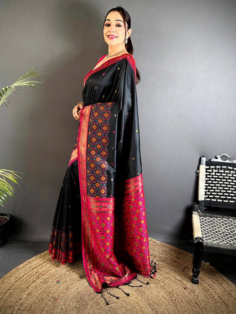 Black Double Ikat Soft Silk Saree


