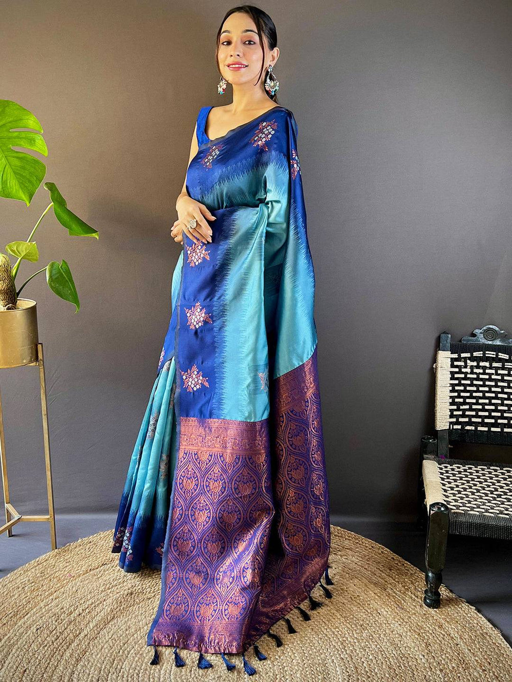Model showcasing sky blue Sami Banarasi Tussar silk saree