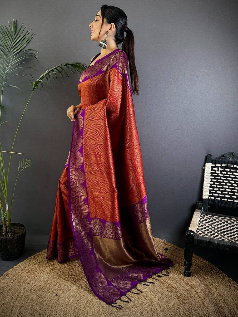 Rust Orange Banarasi Katan Silk Saree