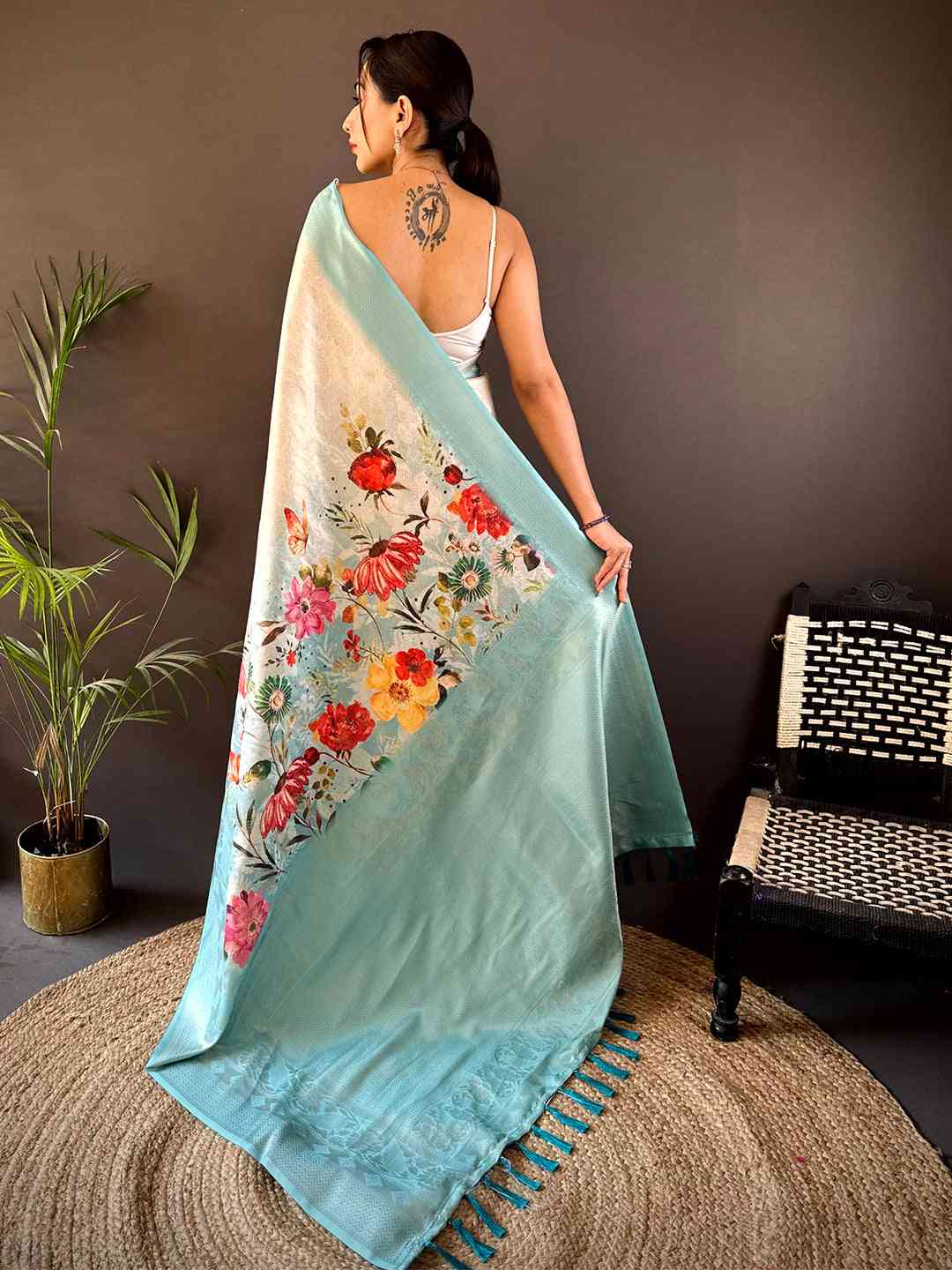 Ivory Kanjivaram Digital Silk Saree