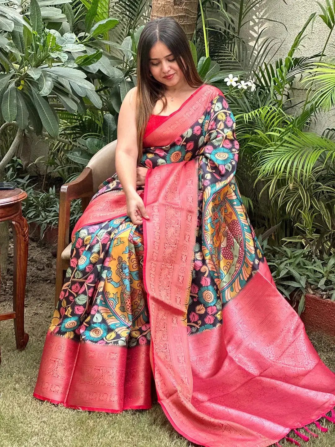 Traditional Kalamkari saree with intricate digital print