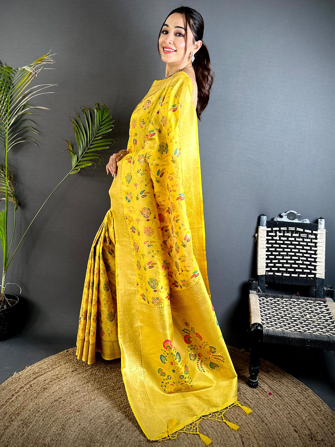 Yellow Banarasi Minakari Floral Silk Saree