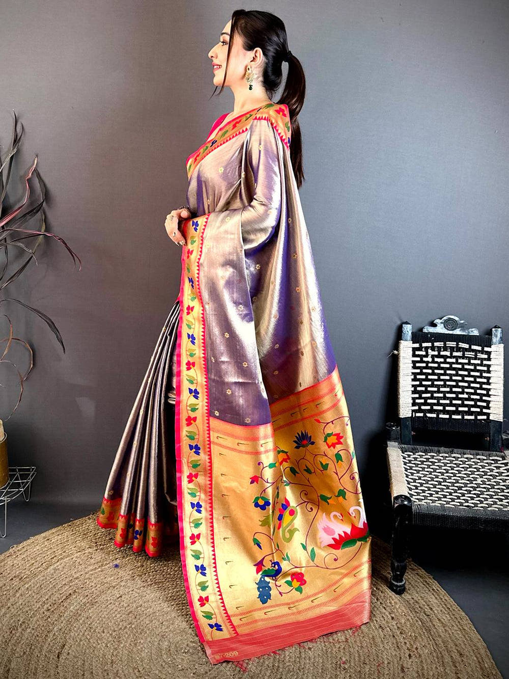 Royal Peach Zari Tissue Paithani Style Saree