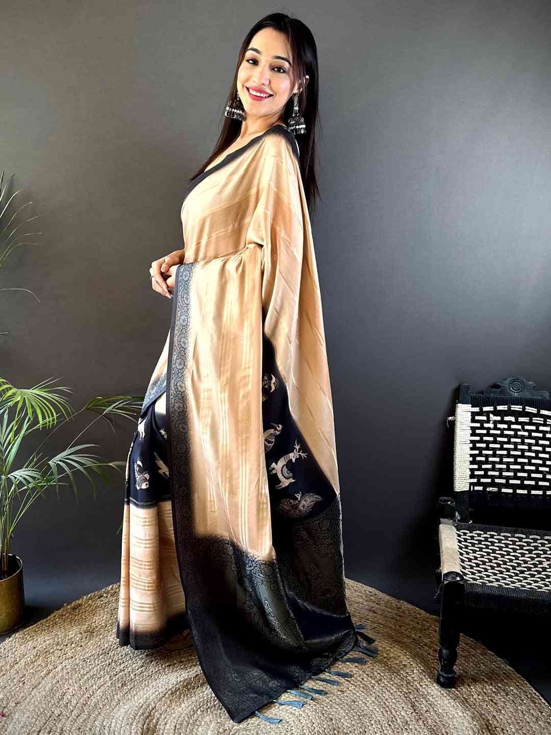 Beige Crepe Silk Floral Saree