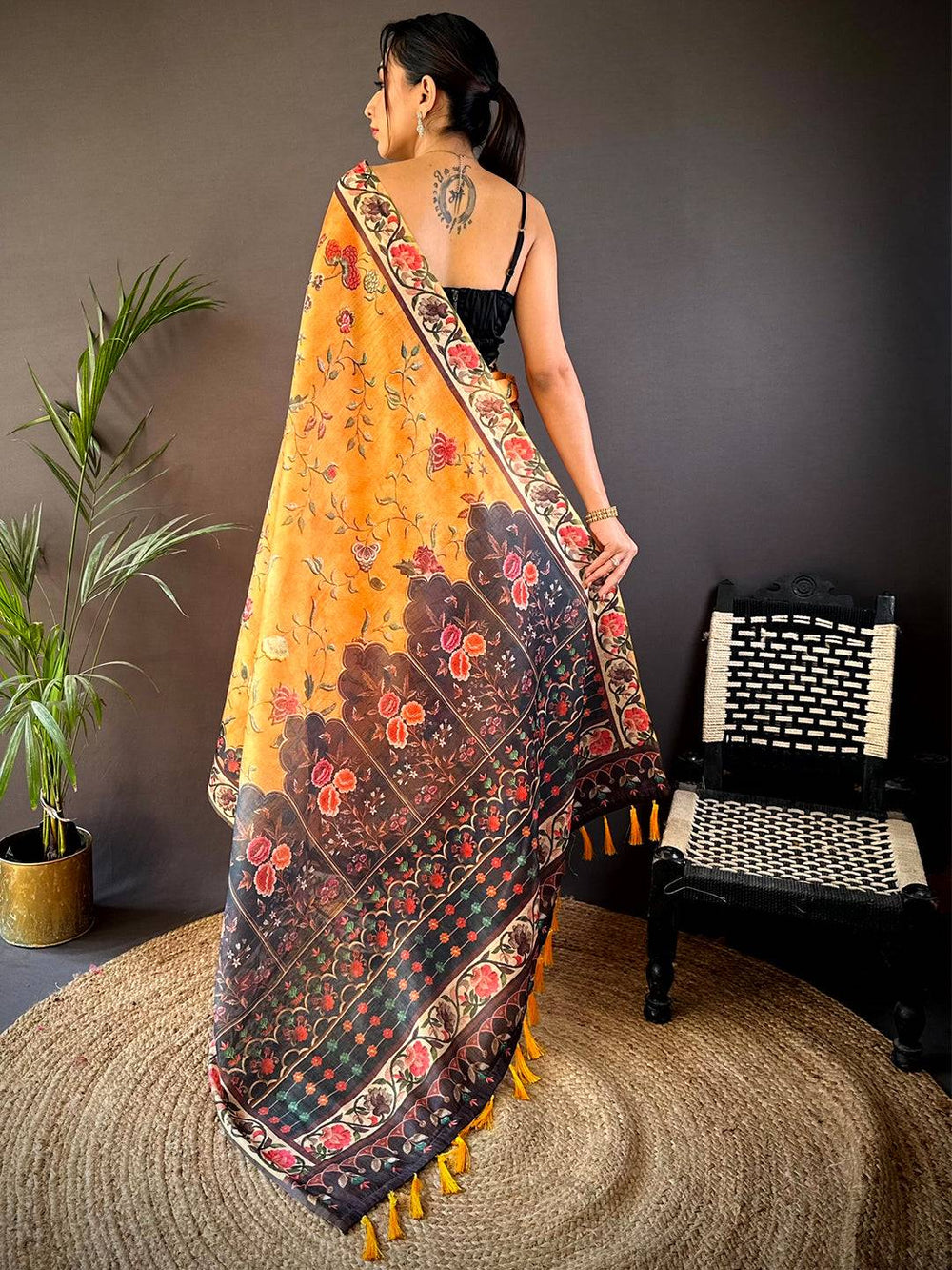 Yellow Chanderi Floral Kalamkari Digital Print Saree
