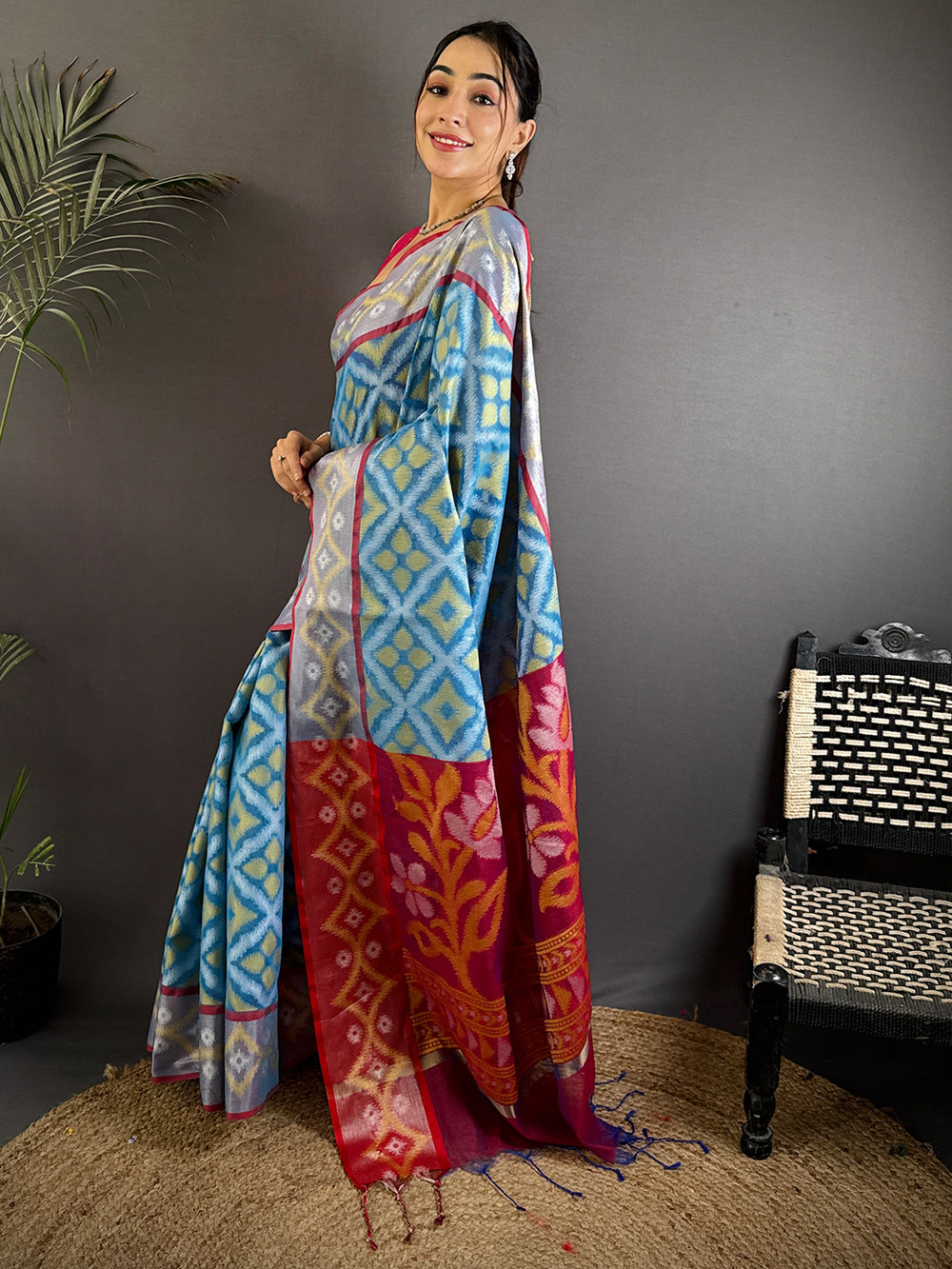 Multi Temple Ikkat Soft Silk Saree