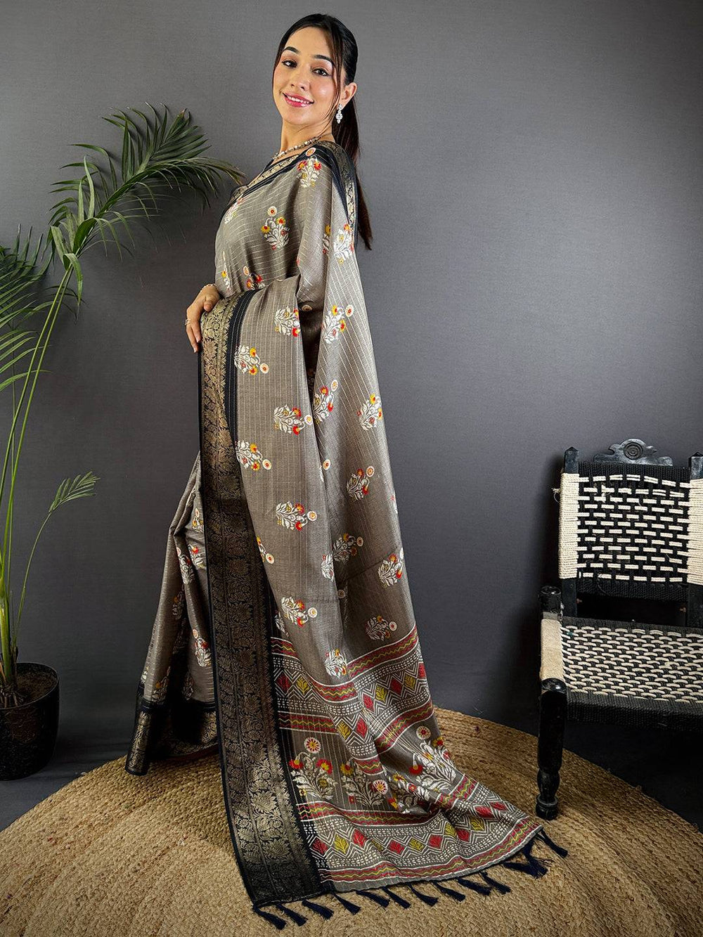 Grey Dola Silk Ajrakh Saree