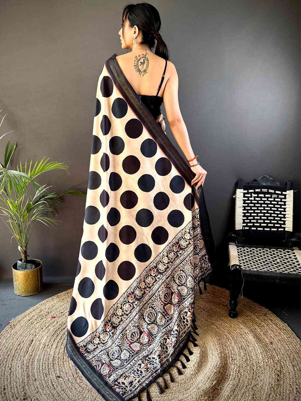Cream Soft Silk Polka Dot Print Saree