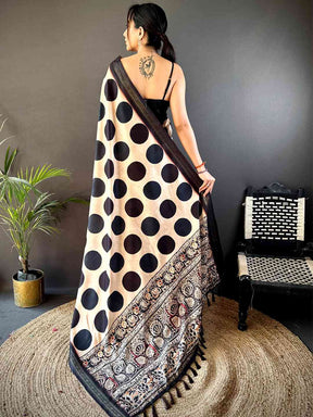 Cream Soft Silk Polka Dot Print Saree