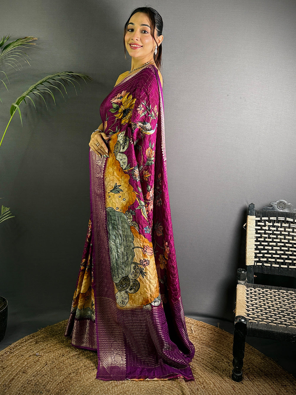 Purple Pure Viscose Kalalmkari Print Saree