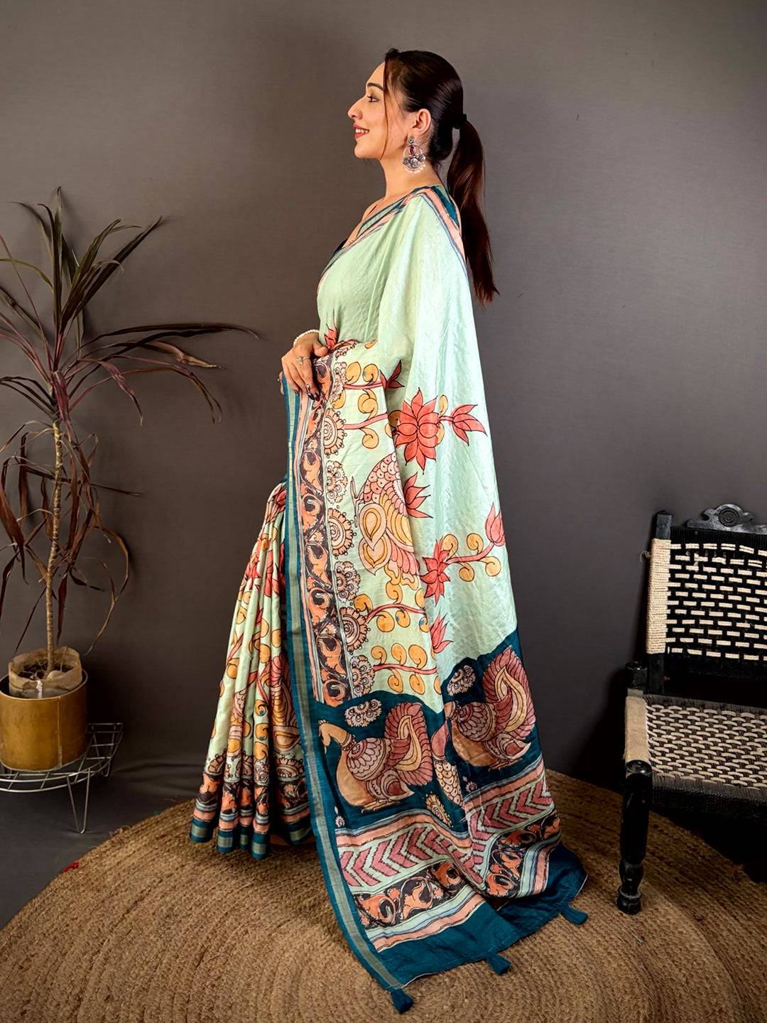 Regal Kalamkari Lotus Tussar Saree