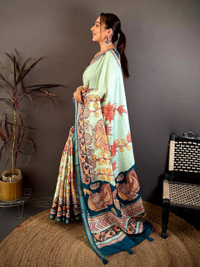 Regal Kalamkari Lotus Tussar Saree
