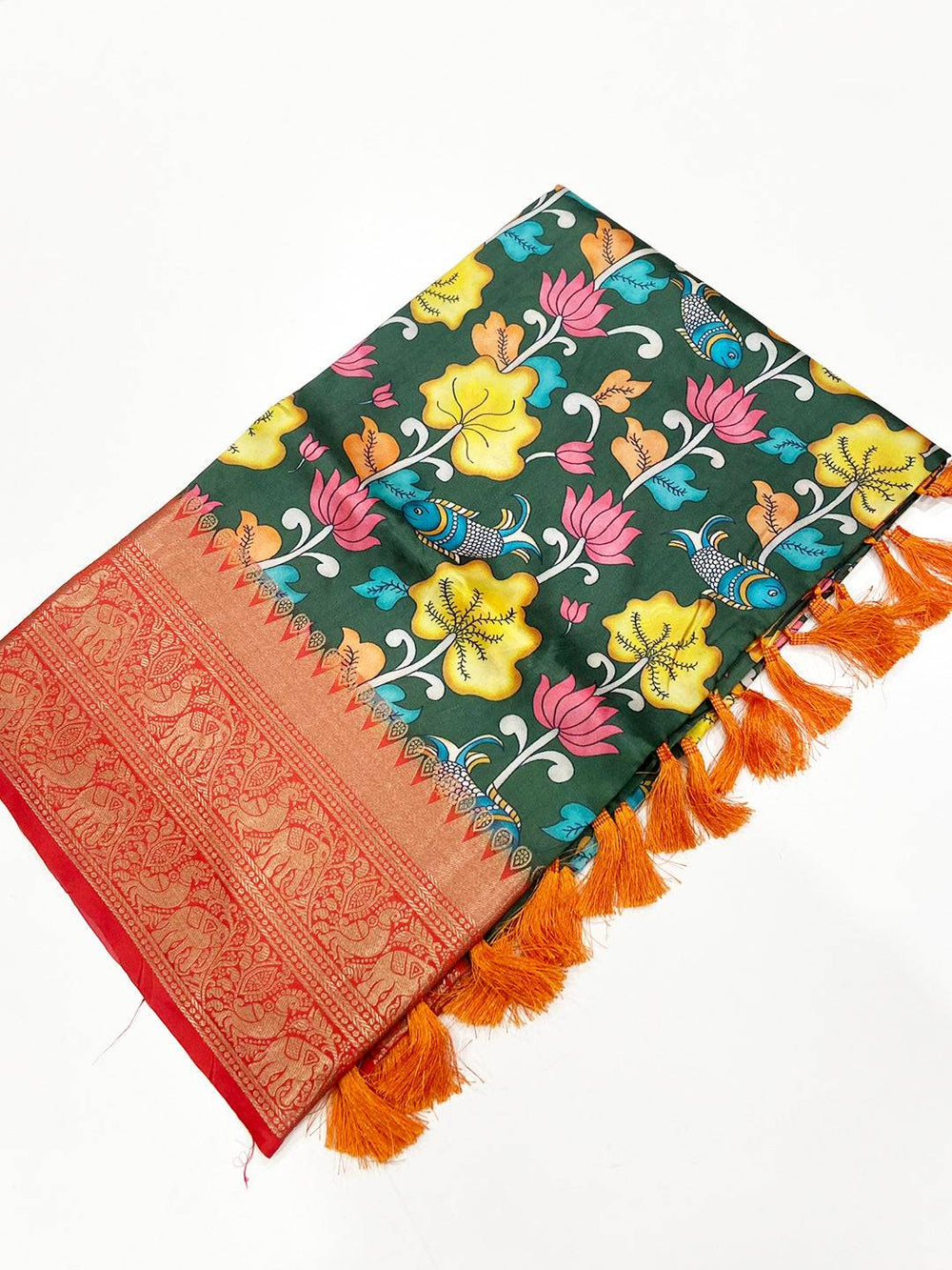 Bottle Green Floral Printed Banarasi Saree
