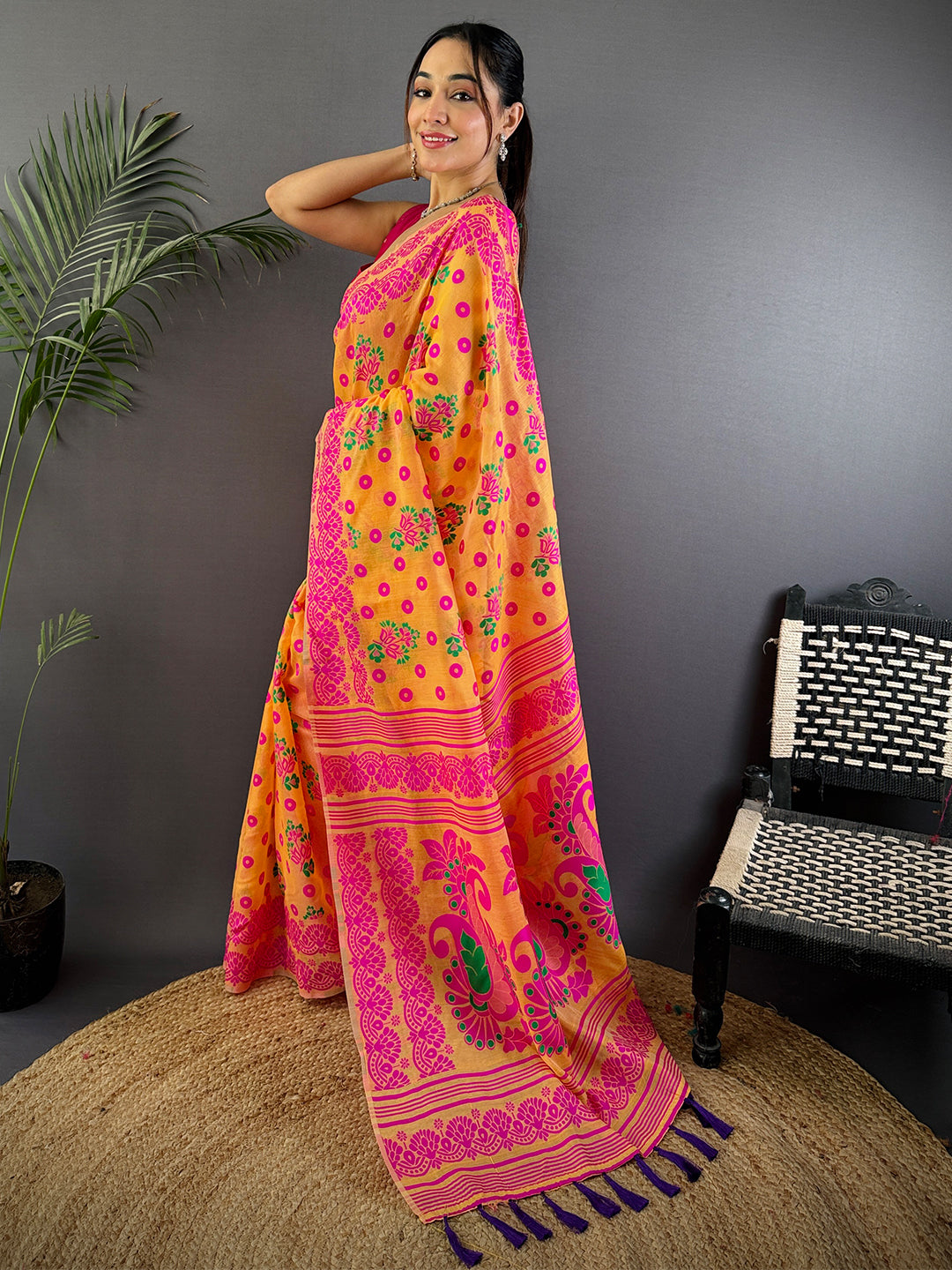Mustard Dhakai Jamdani Cotton Silk Saree