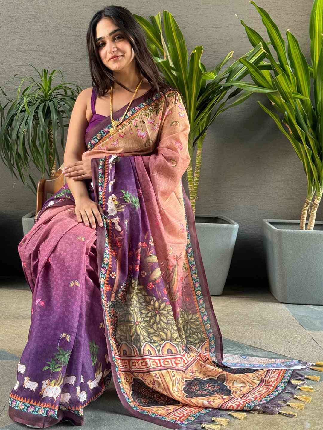 Soft Linen Ombre Pichwai Printed Purple Saree with floral design