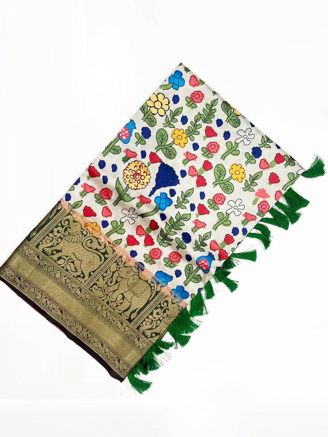 Green Floral Printed Banarasi Saree